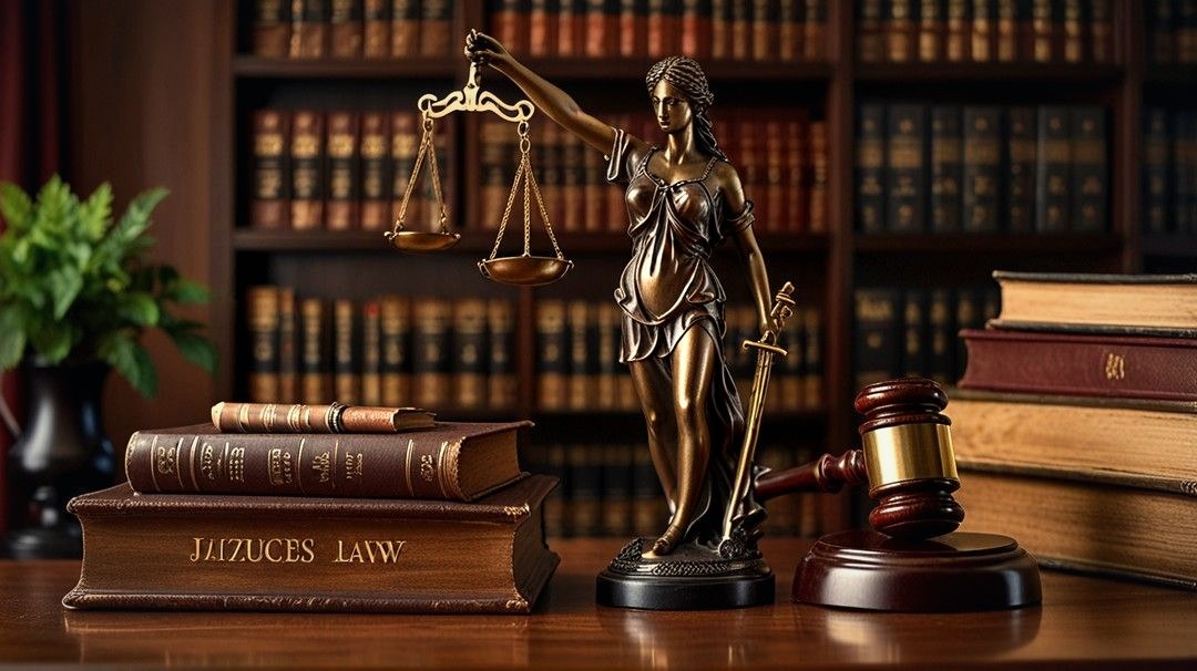 Scales of justice, a gavel, and law books